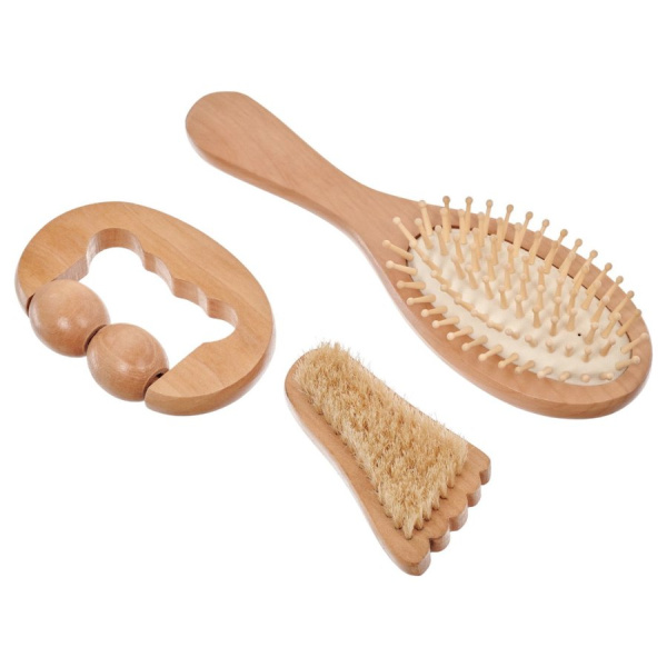 Набор подарочный расчёска, деревянный антицеллюлитный массажер, щётка с щетиной KZ0955  Набор подарочный расчёска, деревянный антицеллюлитный массажер, щётка с щетиной KZ0955